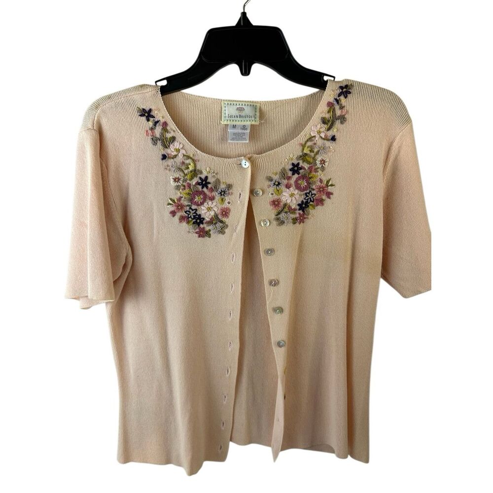Susan Bristol M‎ 1996 Sweater Embroidered Flowers Translucent buttons.